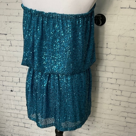 Sofia Women Turquoise Sequin Mini Strapless Dress Drop Waist Blouson One Size T1 - Picture 10 of 12